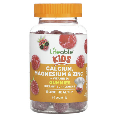 Lifeable , Kids Calcium, Magnesium & Zinc + Vitamin D3 Gummies, Natural Raspberry, 60 Gummies