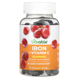 Lifeable, Iron + Vitamin C Gummies, Fruchtgummis mit Eisen und Vitamin C, Traube, 60 Fruchtgummis