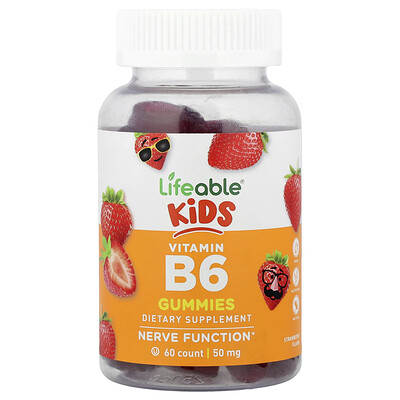 Lifeable, Gomitas con vitamina B6 para niños, Fresa, 50 mg, 60 gomitas