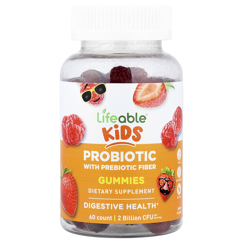 Lifeable, Kids Probiotic With Prebiotic Fiber Gummies, Probiotikum für Kinder mit präbiotischen Ballaststoffen, Beere, 60 Fruchtgummis