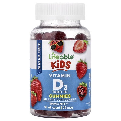 Lifeable, Gomitas con vitamina D3 para niños, Sin azúcar, Fresa, 25 mcg (1000 UI), 60 gomitas