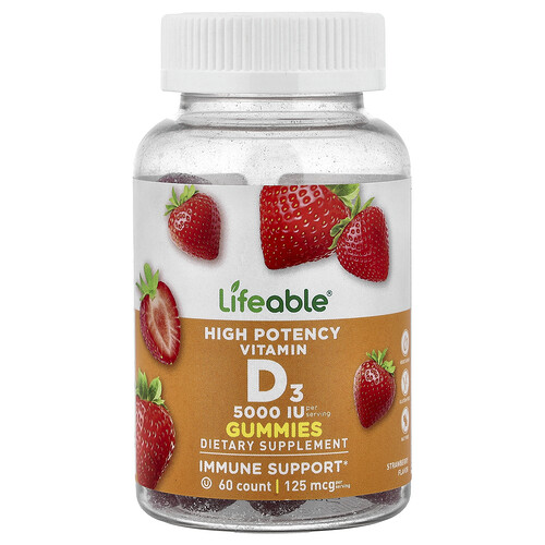 Lifeable High Potency Vitamin D3 Gummies, Strawberry, 60 Gummies (62.5 mg (2,500 IU) per Gummy)