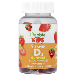 Lifeable, Kids Vitamin D3 Gummies, Vitamin-D3-Fruchtgummis für Kinder, Erdbeere, 60 Fruchtgummis