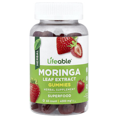 Lifeable, Gomitas con extracto de hoja de moringa, Sabor natural a fresa, 60 gomitas (200 mg por gomita)