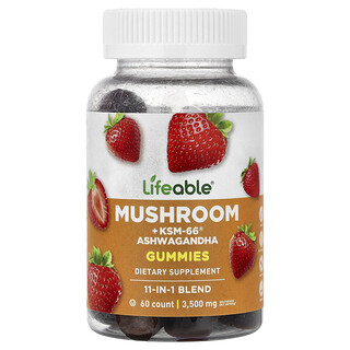 Lifeable, 버섯 + KSM-66® 아슈와간다 구미젤리, 딸기 맛, 구미젤리 60개