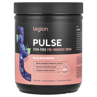 Legion Athletics, Pulse, Bebida para preentrenamiento sin estimulantes, Frambuesa azul, 444 g (0,98 lb)