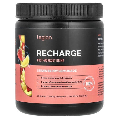 Legion Athletics Recharge, Post-Workout Drink, Strawberry Lemonade, 0.6 lbs (276 g)