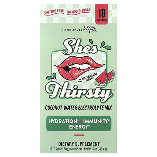 Legendairy Milk, She's Thirsty®, Mix de electroliți cu apă de cocos, Pepene verde (Cutie), 18 pliculețe, 0,28 oz (7,8 g) fiecare