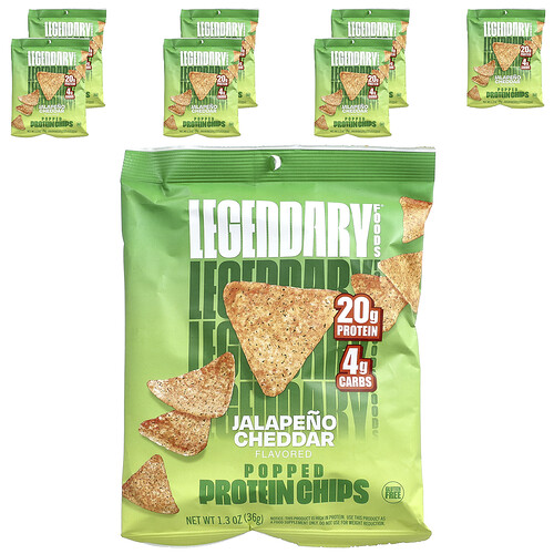 Legendary Foods, Poped Protein Chips, gepoppte Protein-Chips, Jalapeno Cheddar, 7 Tüten, je 36 g (1,3 oz.).
