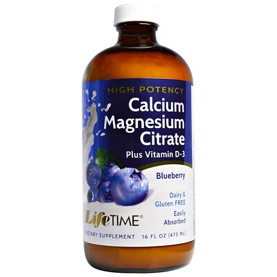 LifeTime Vitamins Высокоэффективный цитрат кальция и магния, а также витамин D3, черника, 473 мл (16 жидких унций)