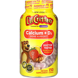 L'il Critters, 鈣 + 維生素 D3，骨骼幫助，黑櫻桃、柳丁和草莓味，150 粒軟糖