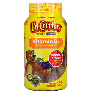 L'il Critters, فيتامين د3 لدعم العظام، الفاكهة الطبيعية، 190 علكة