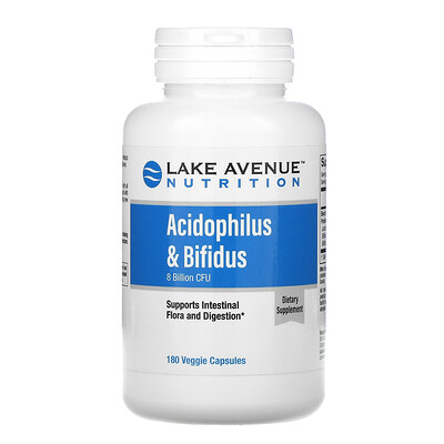 

Lake Avenue Nutrition Acidophilus и Bifidus, смесь пробиотиков, 8 млрд КОЕ, 180 растительных капсул