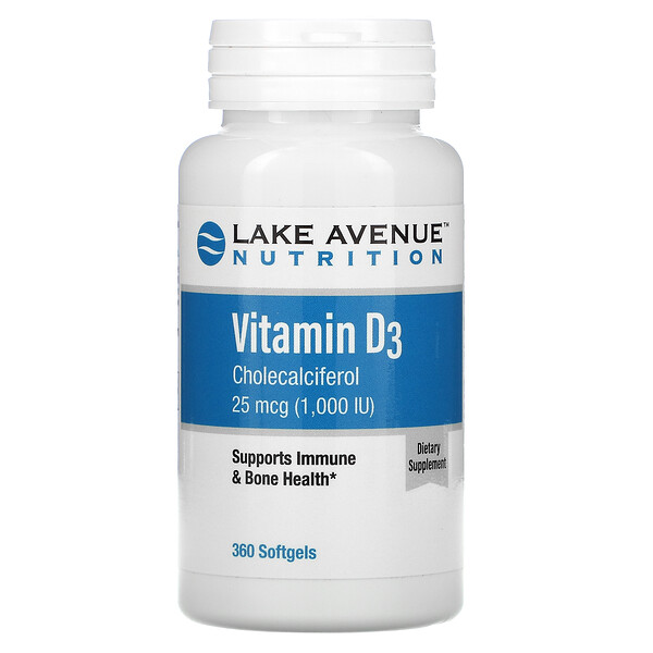 Lake Avenue Nutrition‏, ויטמין D3‏, 25 מק"ג (1,000 יחב"ל), 360 כמוסות רכות
