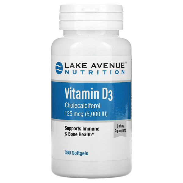Lake Avenue Nutrition‏, ויטמין D3‏, 125 מק"ג (5,000 יחב"ל), 360 כמוסות רכות