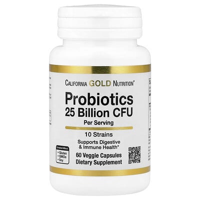 California Gold Nutrition, Probióticos, 10 cepas, Lactobacillus acidophilus, plantarum, casei y Bifidobacterium lactis, 25 mil millones de UFC, 60 cápsulas vegetales