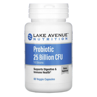 Lake Avenue Nutrition пробиотики, смесь из 10 штаммов, 25 млрд КОЕ, 60 растительных капсул