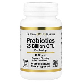 California Gold Nutrition, Probiotica met Lactobacillus acidophilus, Bifidobacterium lactis, Lactobacillus plantarum en Lactobacillus casei, mix van 10 stammen, 25 miljard CFU, 60 vegetarische capsules