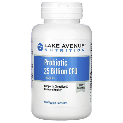 Lake Avenue Nutrition пробиотики, смесь 10 штаммов, 25 млрд КОЕ, 180 растительных капсул