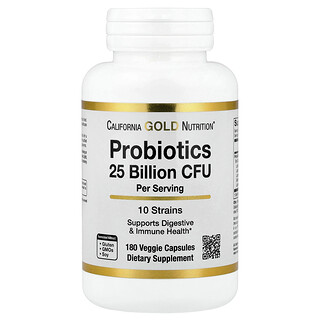 California Gold Nutrition, Probiotica met Lactobacillus acidophilus, Bifidobacterium lactis, Lactobacillus plantarum en Lactobacillus casei, mix van 10 stammen, 25 miljard CFU, 180 vegetarische capsules