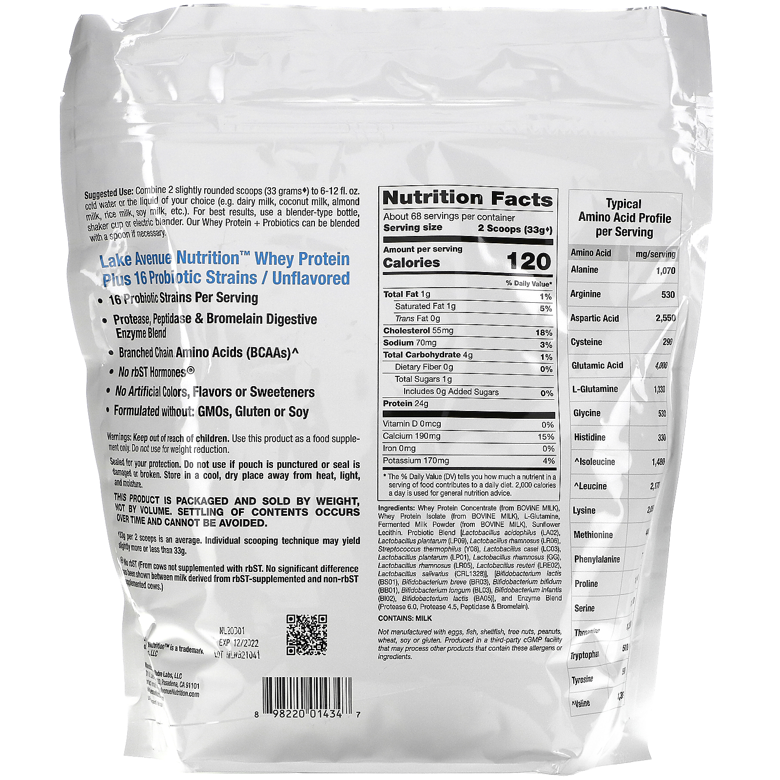 Lake Avenue Nutrition ホエイプロテイン プロバイオティクス 無香料 2270g 5ポンド