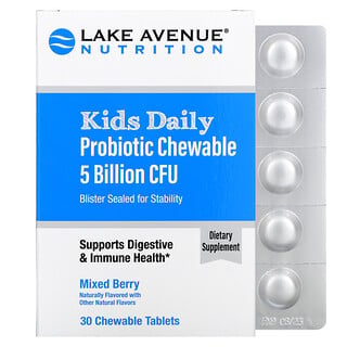 Lake Avenue Nutrition, Probiótico masticable diario para niños, sabor a bayas naturales, 5 mil millones de UFC, 30 comprimidos masticables