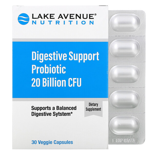 Lake Avenue Nutrition, Пробиотики для поддержки пищеварения, смесь пробиотиков и пребиотиков, 20 млрд КОЕ, 30 капсул