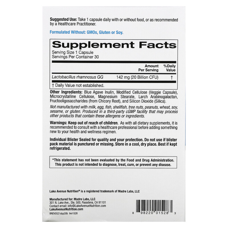 Lake Avenue Nutrition, Digestive Support Probiotic, Probiotic & Prebiotic Blend, 20 Billion CFUs