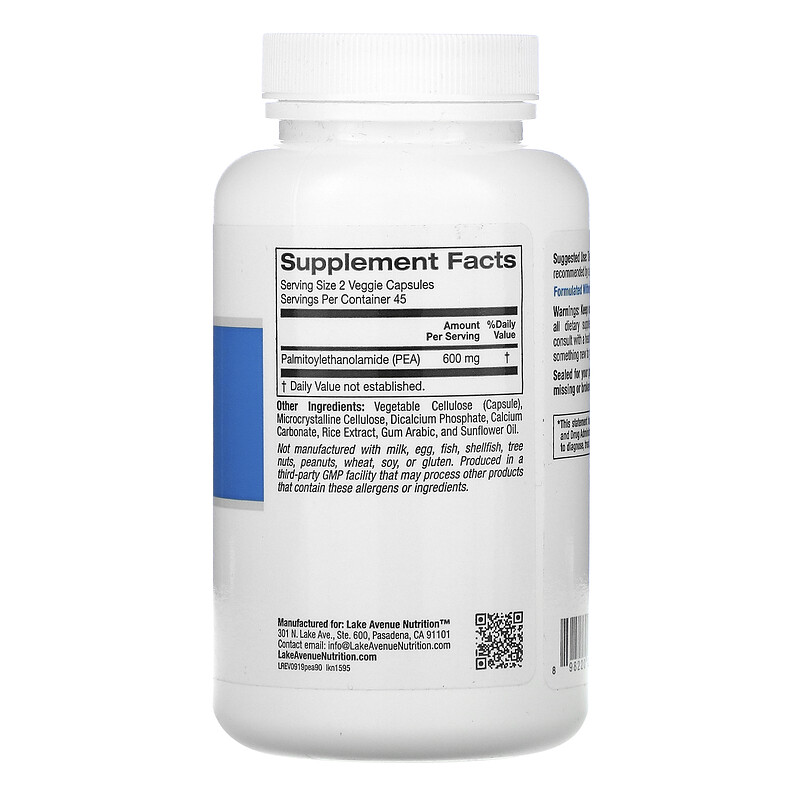 Lake Avenue Nutrition, PEA (Palmitoylethanolamide), 300 mg, 90 Veggie ...