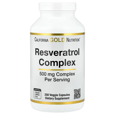 Product Image for California Gold Nutrition, Resveratrol Complex with Grape Seed Extract, Red Wine Extract, and trans-Resveratrol, 250 Veggie Capsules