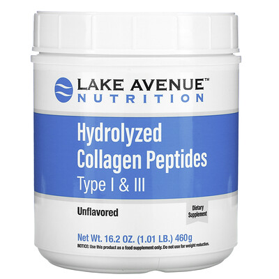 Lake Avenue Nutrition гидролизованные пептиды коллагена типов I и III, с нейтральным вкусом, 460 г (1,01 фунта)