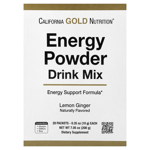 California Gold Nutrition, Energy Powder Drink Mix with Potassium, Sodium, Caffeine, and Vitamin C, Lemon Ginger, 20 Packets, 0.35 oz (10 g) Each