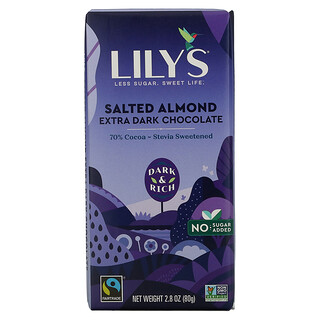 Lily's Sweets, 高級黑巧克力棒，鹹味杏仁，70% 可可，2.8 盎司（8無）