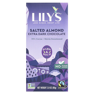 Lily's Sweets, Baton de ciocolată neagră extra, migdale sărate, 70% cacao, 2,8 oz (80 g)