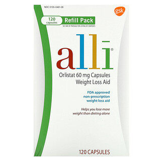 Alli‏, Orlistat, מסייע לירידה במשקל, אריזת מילוי מחדש, 60 מ"ג, 120 כמוסות