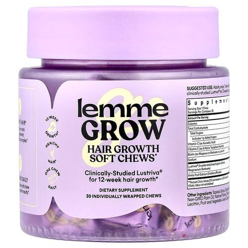 Lemme Grow, Hair Growth Soft Chews, Mixed Fruit, 30 Individually Wrapped Chews