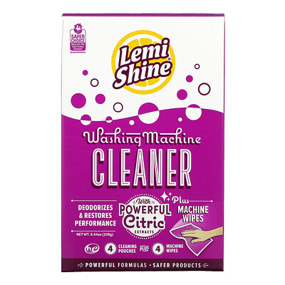 Lemi Shine Средство для чистки стиральной машины, плюс машинные салфетки, 4 чистящих пакета + 4 машинные салфетки