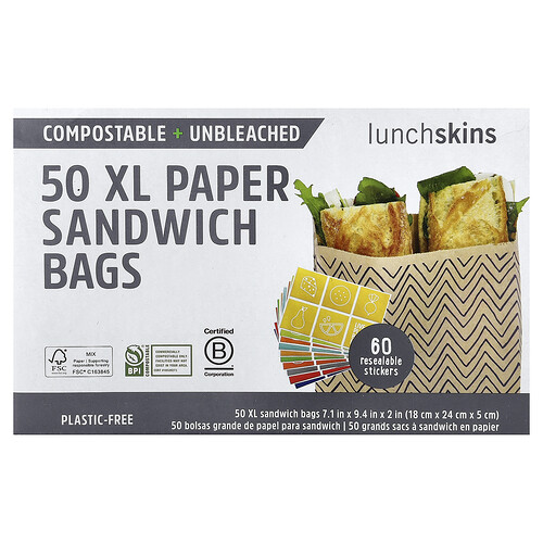Lunchskins XL Paper Sandwich Bags With Resealable Stickers, 50 Count