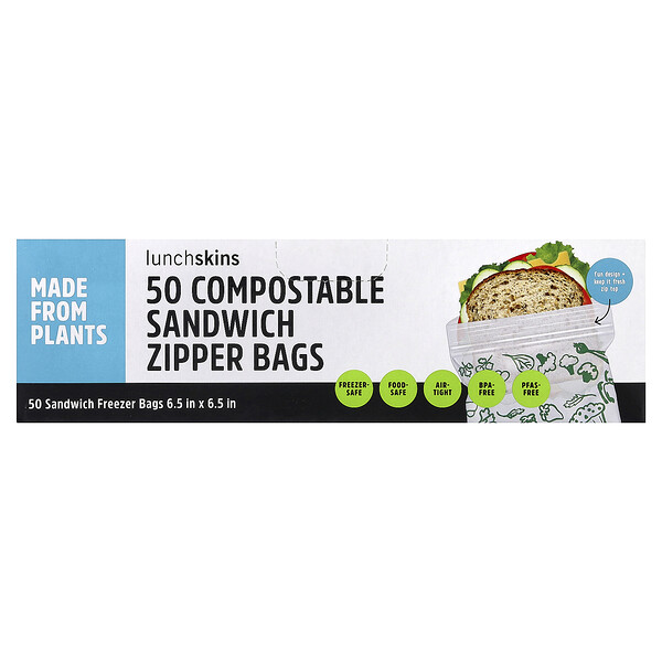 Lunchskins Compostable Sandwich Zipper Bags, 50 Bags