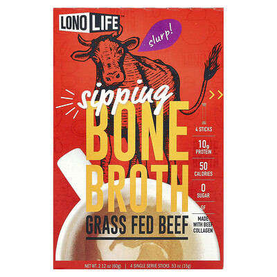 Lonolife, Sipping, Bone Broth, Carne de res alimentada con pasturas, 4 sobrecitos, 15 g (0,53 oz) cada uno
