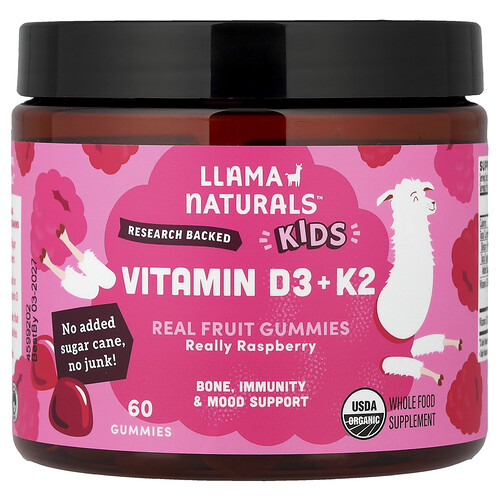 Llama Naturals, Kids Vitamin D3 + K2, Real Fruit Gummies, Fruchtgummis mit echtem Fruchtgummi für Kinder, Really Raspberry“, 60 Fruchtgummis