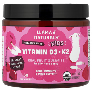 Llama Naturals, お子様向けビタミンD3＋K2、リアルフルーツグミ、リアリーラズベリー、グミ60粒