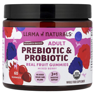 Llama Naturals, 成人向けプレバイオティクス＆プロバイオティクス、リアルフルーツグミ、ミックスベリー、グミ60粒