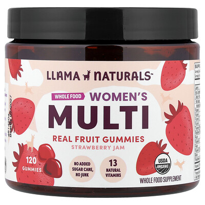 Llama Naturals, Suplemento multivitamínico de origen vegetal para mujeres, Gomitas de frutas reales, Mermelada de fresa, 120 gomitas