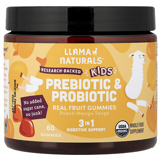 Llama Naturals, お子様向けプレバイオティクス＆プロバイオティクス、リアルフルーツグミ、ピーチマンゴータンゴ、グミ60粒