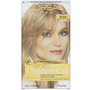 Отзывы о L'Oreal, Superior Preference, Fade-Defying Color + Shine System, Natural, 8 Medium Blonde, 1 Application