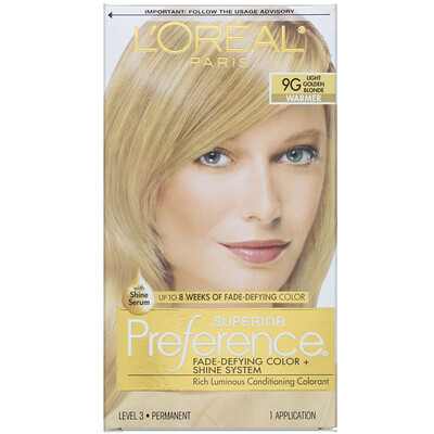 L'Oreal Superior Preference, краска для волос с технологией против вымывания цвета и системой придания сияния, теплый оттенок, светлый золотистый блонд 9G, на 1 применение