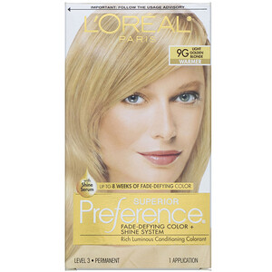 Отзывы о L'Oreal, Superior Preference, Fade-Defying Color + Shine System, Warmer, Light Golden Blonde 9G , 1 Application