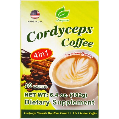 Longreen Cordyceps Coffee, 4 в 1, кофе с кордицепсом, 10 пакетиков, 182 г (6,4 унции)