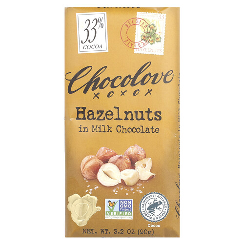 Chocolove, Hazelnuts in Milk Chocolate, 33% Cocoa, 3.2 oz (90 g)